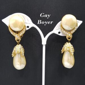 Vintage 1980s Gay Boyer Faux Pearl Rhinestone Drop Earrings Designer Jewelry